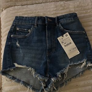 Zara Distressed High-Waist Denim Shorts - Blue